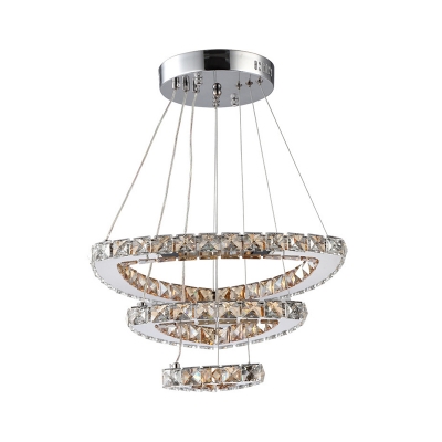Faceted Crystal Oval Pendant Chandelier Contemporary LED Chrome Hanging Lamp Kit for Dining Room
