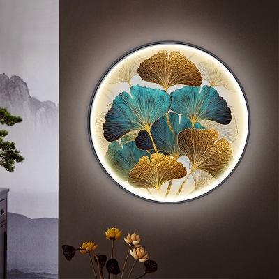 Ginkgo Leaf Fabric Wall Lighting Ideas Asian Style LED Yellow and Green/Green Circular Mural Light for Dining Room