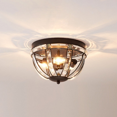 Gold/Black Bowl Flush Ceiling Light Modernism 3 Bulbs Clear Crystal Lighting Fixture for Corridor