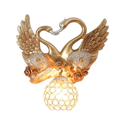Gold Dome Wall Sconce Lighting Contemporary Crystal 1-Head Indoor Wall Lamp with Dual Swan Backplate