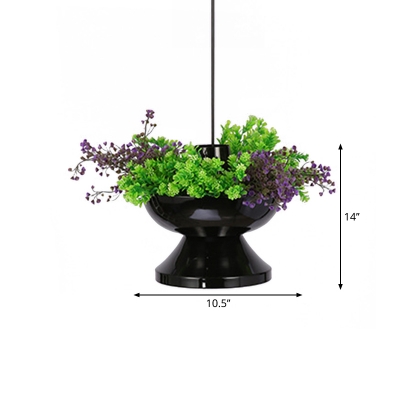Industrial Hot Pot Shape Pendant 1 Bulb Metallic Suspension Pendant Light with Plant Deco in Black