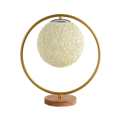 Kids Spherical Night Table Light Rattan 1 Light Bedroom Nightstand Lamp in Beige/Red with Metal Ring Deco