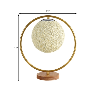 Kids Spherical Night Table Light Rattan 1 Light Bedroom Nightstand Lamp in Beige/Red with Metal Ring Deco