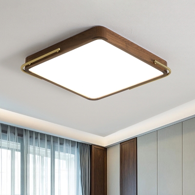 Living Room LED Flush-Mount Light Fixture Modern Brown Ceiling Lamp with Square/Rectangle Wood Shade, 13