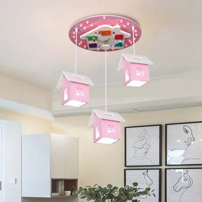 Log Cabin Wood LED Flush Mounted Lamp Kids 3-Head Pink/Blue Ceiling Fixture for Children Bedroom