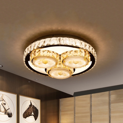 Minimal Circle Semi Flush Mount Clear Crystal Bedroom Floral Patterned LED Ceiling Lighting in Chrome
