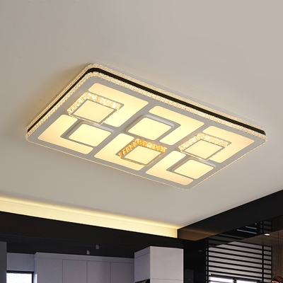 Modern Rectangular Flush Mounted Light Crystal Living Room LED Ceiling Lamp in White with Music Function