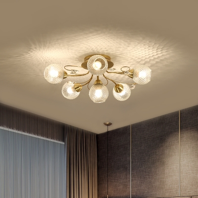 Modern Spherical Semi Mount Light Clear Prismatic Glass 6-Bulb Bedroom Ceiling Lighting in Black/Gold