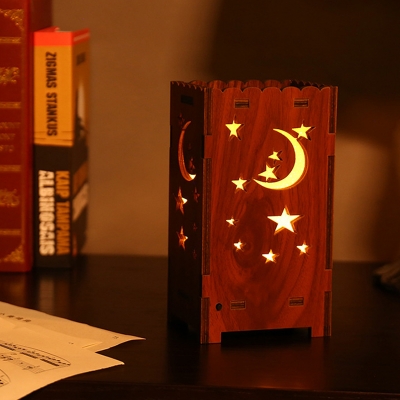 Nordic Creative Cuboid Night Light Wood Bedside LED Table Lighting with Cutouts Moon and Star Design in Brown