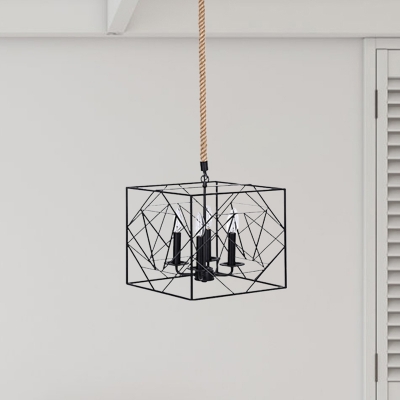 Rectangle Frame Metal Pendant Lamp Warehouse 4-Light Dining Room Hanging Chandelier in Black