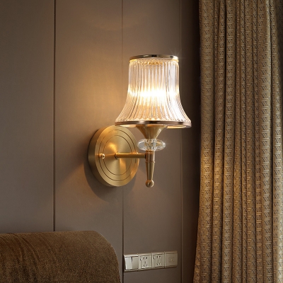 Retro Tapered Wall Lamp 1/2-Light Clear Ribbed Glass Wall Mount Lighting in Brass for Living Room