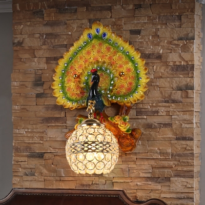 Rural Peacock Wall Lighting Ideas 1 Head Resin Wall Mounted Light Fixture in Yellow/Gold with Ball K9 Crystal Shade