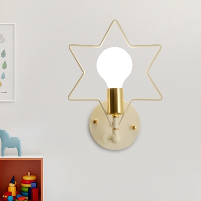 Simple Floral/Star/Loving Heart Wall Lamp Metallic 1-Light Bedroom Wall Mount Lighting in White with Exposed Bulb Design