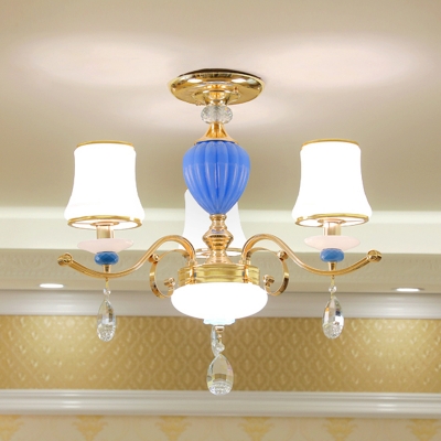 Tapered Frosted Glass Ceiling Fixture Modernism 3/6/8 Lights Gold Semi Mount Light with Crystal Droplet