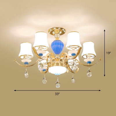 Tapered Frosted Glass Ceiling Fixture Modernism 3/6/8 Lights Gold Semi Mount Light with Crystal Droplet