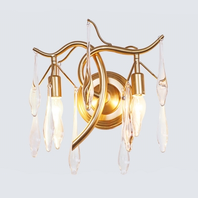 Teardrop Wall Light Fixture Contemporary Clear Crystal 2 Heads Living Room Wall Sconce in Gold with Twisted Arm