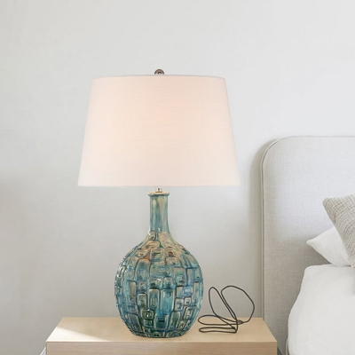 Vase Bedroom Nightstand Light Traditional Ceramic 1 Light Blue Table Lighting with Barrel Fabric Shade