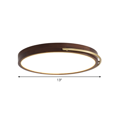 Walnut Wood Round Flush Mount Lamp Minimalism Brown LED Close to Ceiling Light with Grip, 13