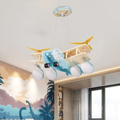 Wood Fighter Plane Hanging Light Kids 4 Bulbs Light-Blue Chandelier with Oval Frosted Glass Shade