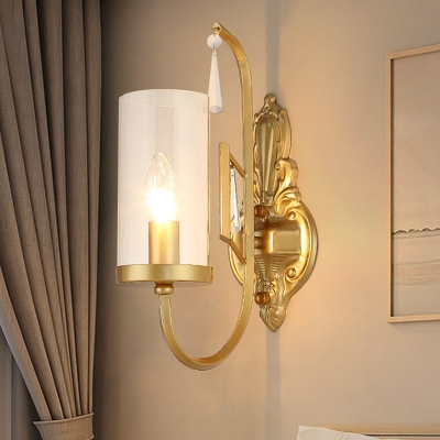 1/2-Light Cylinder Wall Sconce Traditional Gold Finish Clear Glass Wall Light Fixture with Curved Arm