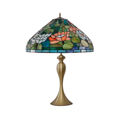 1-Light Table Light Mediterranean Conic Stained Glass Pull Chain Night Lamp in Brass with Blossom Pattern