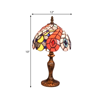 2 Heads Table Lamp Victorian Bowl Stained Glass Night Lighting in Brass with Peacock Tail Pattern