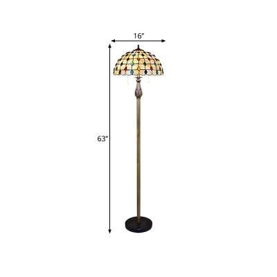 2 Lights Grid Dome Standing Light Baroque White Shell Pull Chain Floor Lamp with Beaded Pattern