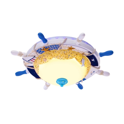 Dome Ceiling Mounted Fixture Kids Style Opaque Glass LED Blue Flush Lamp with Rudder and Sand Design in Warm/White Light