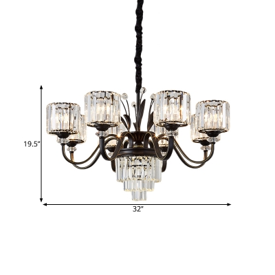 Black Cylinder Chandelier Lamp Simple 3/6/8-Light Clear Crystal Hanging Ceiling Light with Curved Arm