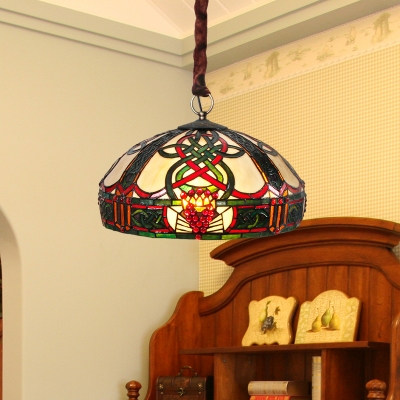 Brass 3 Bulbs Drop Pendant Baroque Hand Cut Glass Dome Chandelier Light Fixture with Ribbon Pattern