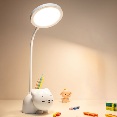 Cartoon Circular Desk Lamp Plastic Study Room LED Night Table Light with Cat Tubular Penrack Design in White