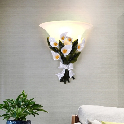 Classic Bell Wall Lighting Ideas 1 Head Frosted Glass Wall Sconce Light with Resin Flower Backplate