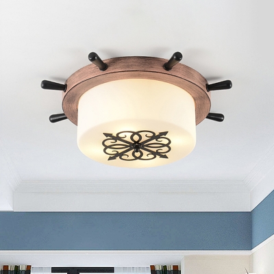 Drum Ceiling Mounted Fixture Contemporary Milky Glass LED Corridor Flush Light with Rudder Canopy in Blue/Brown