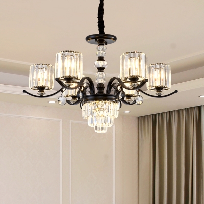 Drum Chandelier Pendant Light Simplicity Clear Crystal 6 Lights Bedroom Ceiling Lamp in Black