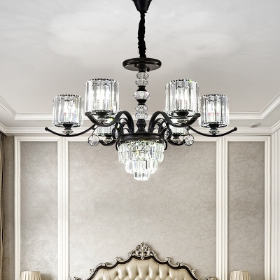 Drum Chandelier Pendant Light Simplicity Clear Crystal 6 Lights Bedroom Ceiling Lamp in Black