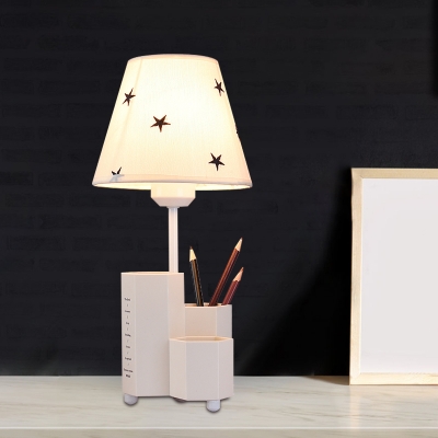 Empire Shade Child Room Table Light Printed/Star/Dotted Fabric 1 Bulb Kids Night Stand Lamp in Pink-White/White/Blue with Rabbit Decor/Pen Holder