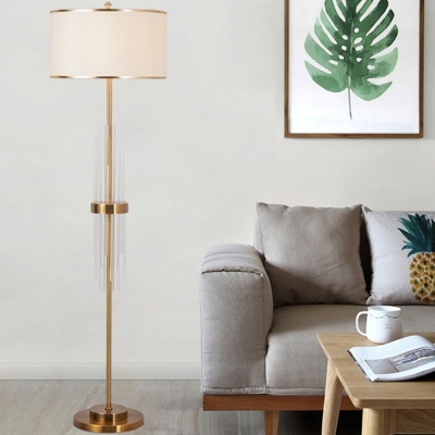 Fabric Drum Standing Light Modern 1 Head Living Room Floor Lamp in Brass with Crystal Tube Accent