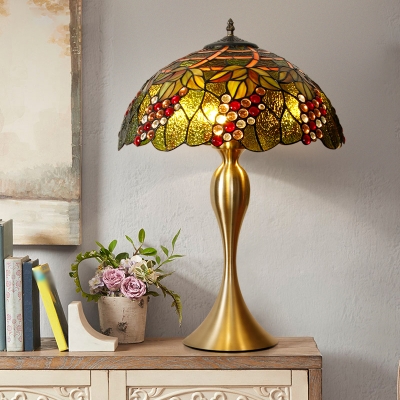 Flower and Beaded Night Table Lighting 1-Head Stained Glass Tiffany Pull Chain Nightstand Lamp in Brass