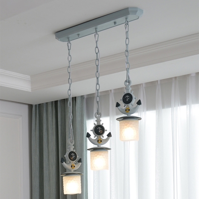 Frosted Dimpled Glass Cylinder Pendant Nautical 3 Bulbs Blue/Black Multiple Hanging Light with Linear/Round Canopy