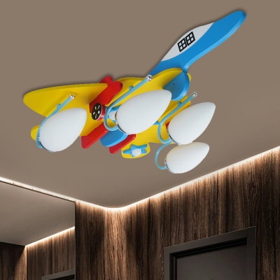 Frosted Glass Oval Semi Flush Light Macaron 4-Light Ceiling Lamp in Yellow with Airplane Design