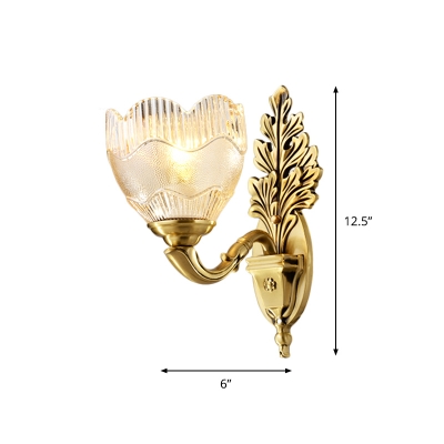 Gold 1 Light Wall Lighting Fixture Traditional Clear Textured Glass Bowl Wall Sconce with Scrolled Arm