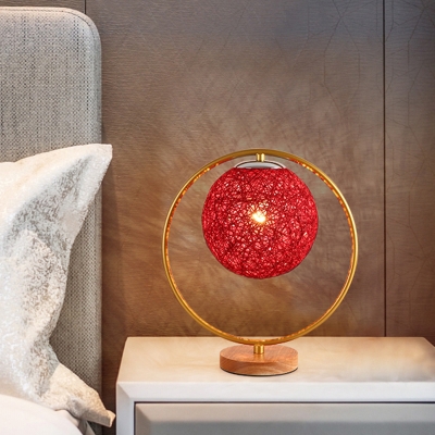 Kids Spherical Night Table Light Rattan 1 Light Bedroom Nightstand Lamp in Beige/Red with Metal Ring Deco