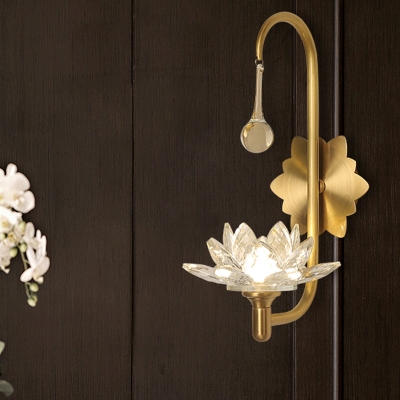 Lotus Beveled Crystal Sconce Lamp Farmhouse 1-Head Bedside LED Wall Mount Light in Brass
