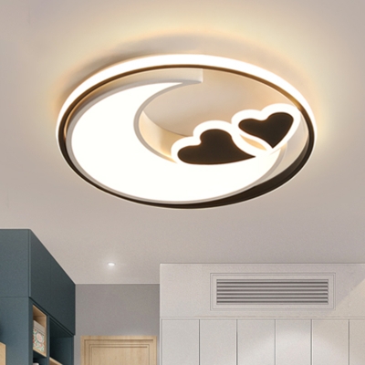 Macaron LED Flush Mount Ceiling Light Black/Pink Moon and Heart Lighting Fixture with Acrylic Shade for Bedroom