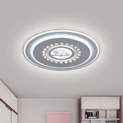 Metallic Circle Ceiling Fixture Modernist LED Flush Mount Light with Flower/Plum Blossom/Elk Pattern in White