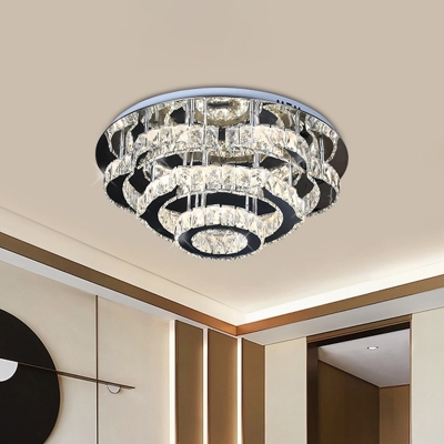 Modern Tiered Semi Mount Lighting Faceted Crystal Living Room LED Ceiling Light Fixture in Chrome