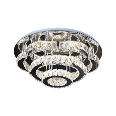 Modern Tiered Semi Mount Lighting Faceted Crystal Living Room LED Ceiling Light Fixture in Chrome