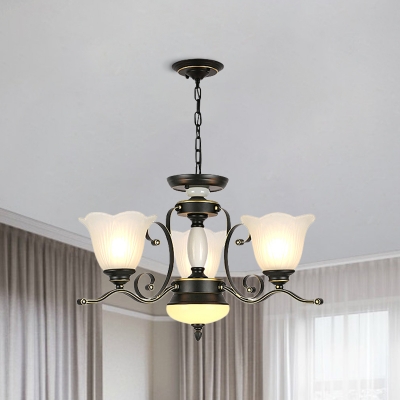 Opal Glass Flower Ceiling Chandelier Rustic 3/6-Light Living Room Hanging Pendant Light in Black with Curvy Arm