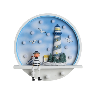 Round Wall Sconce Lighting Kids Wood LED Bedroom Wall Mounted Lamp with Lighthouse Design in Blue, Warm/White Light