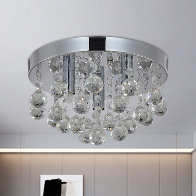 Round Bedroom Flush Mount Faceted Crystal Orbs 3-Bulb Modern Ceiling Light in Chrome